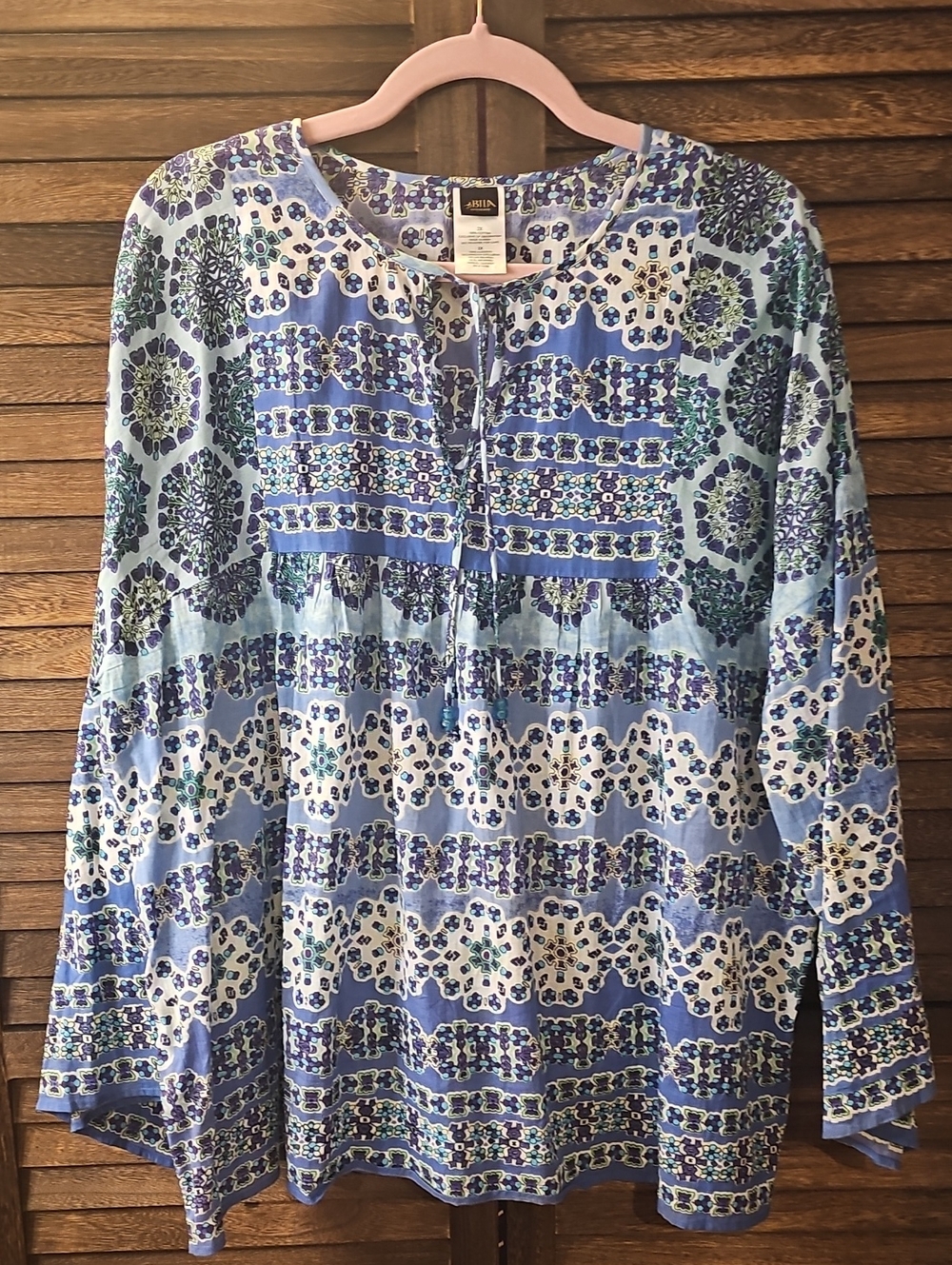 Bila Peasant Babydoll Tunic 2x EUC Blue Patchwork Pattern Cottage Boho #887